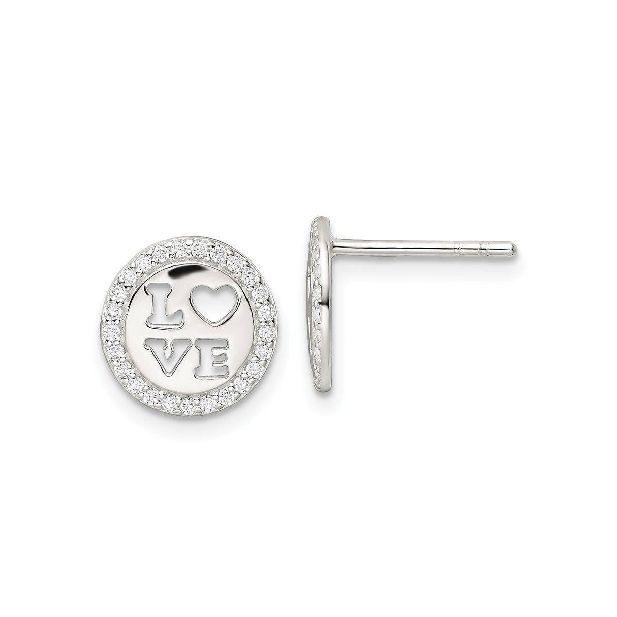 Sterling Silver Stud Earrings with Cubic Zirconia, Round Cutout Heart LOVE Design