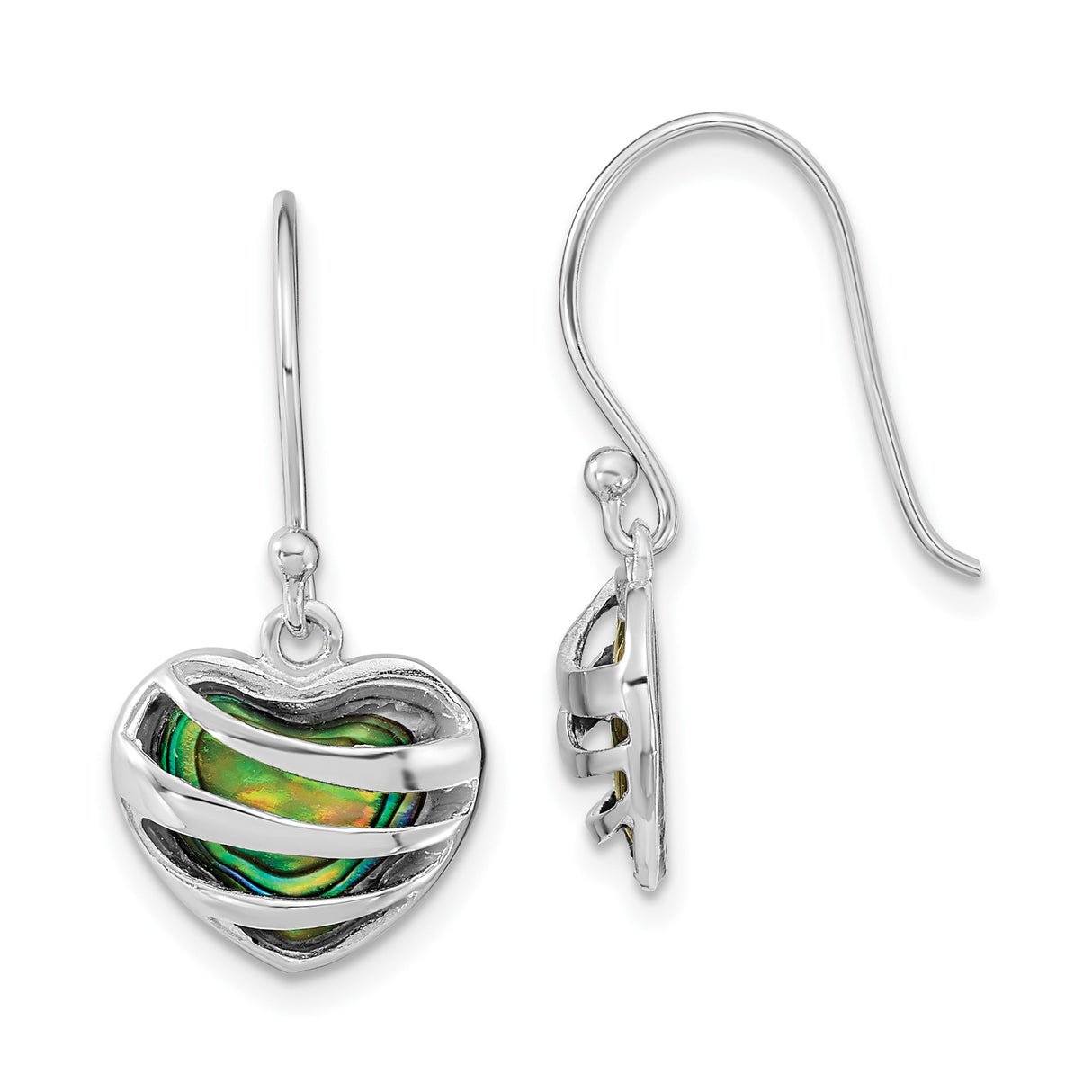 Sterling Silver Heart Dangle Earrings with Abalone Shell and Swirl Accents