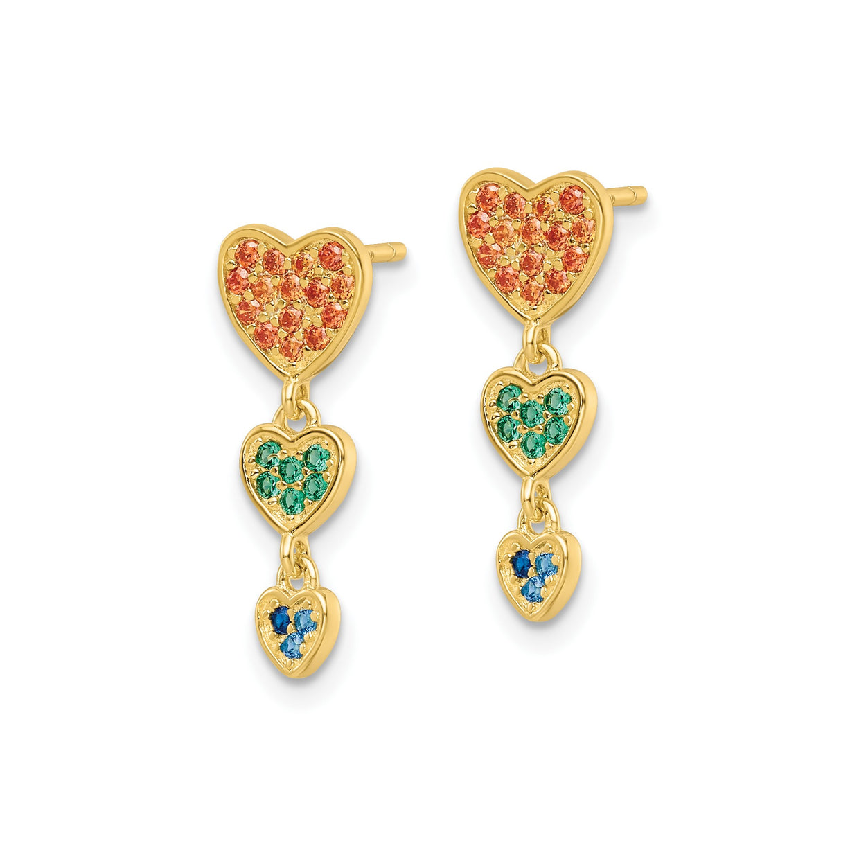 Sterling Silver Dangle Earrings with Cubic Zirconia Stacked Heart Charms in Blue, Green, and Orange