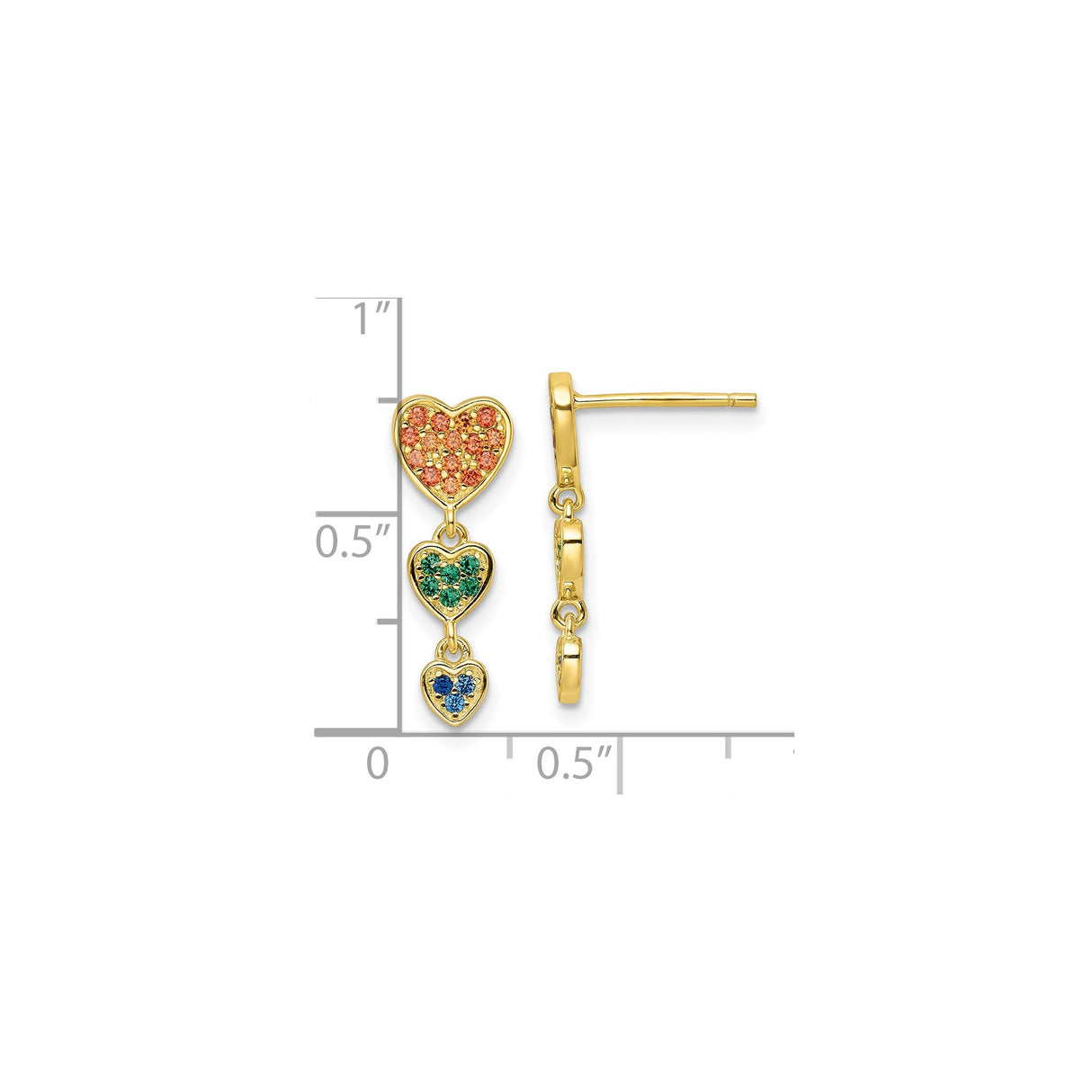 Sterling Silver Dangle Earrings with Cubic Zirconia Stacked Heart Charms in Blue, Green, and Orange