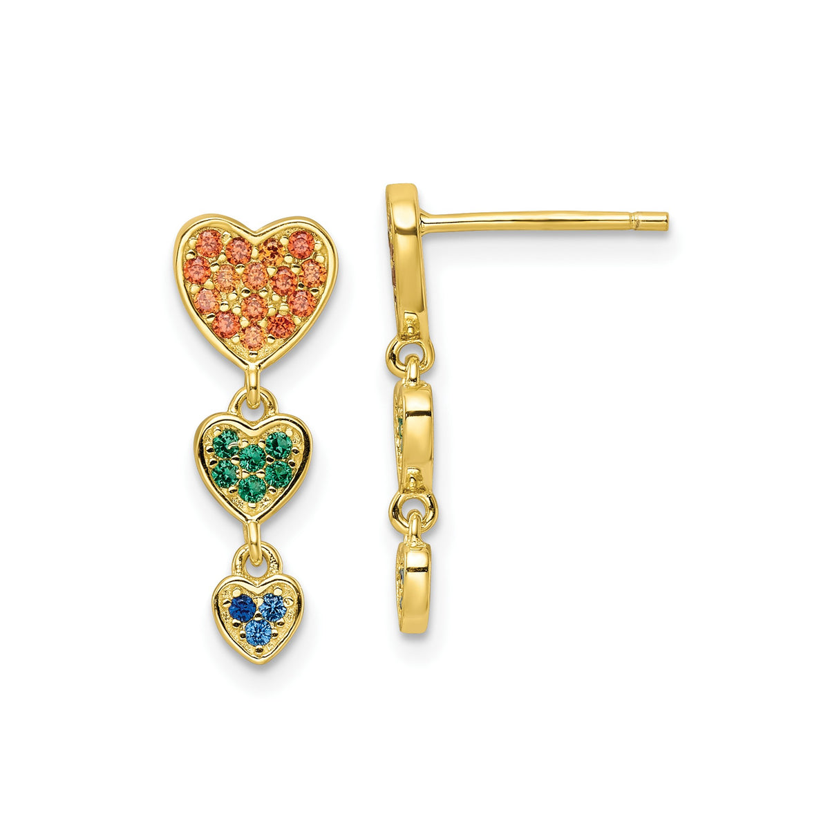 Sterling Silver Dangle Earrings with Cubic Zirconia Stacked Heart Charms in Blue, Green, and Orange