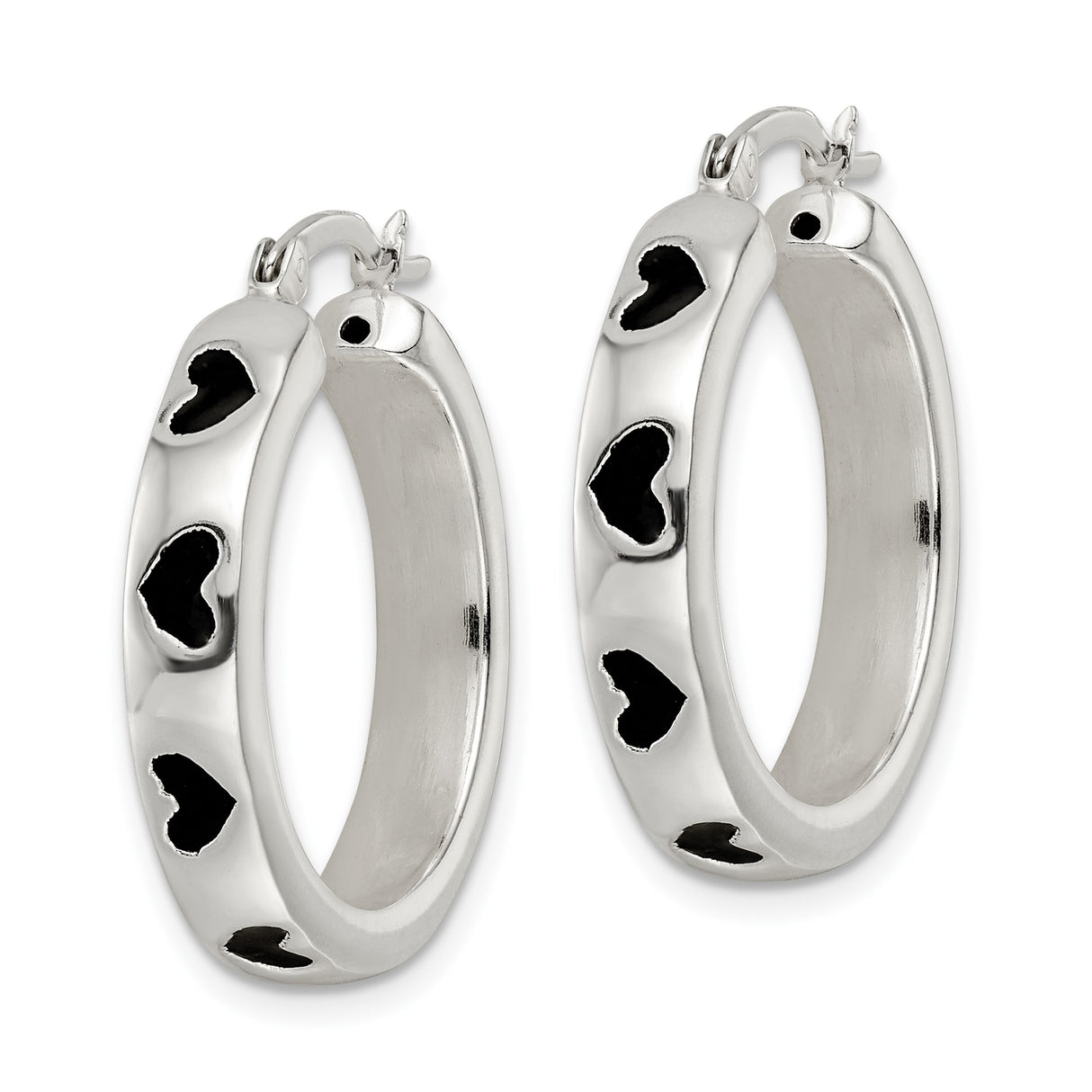 Sterling Silver Hoop Earrings with Black Enamel Heart Cutout Accents