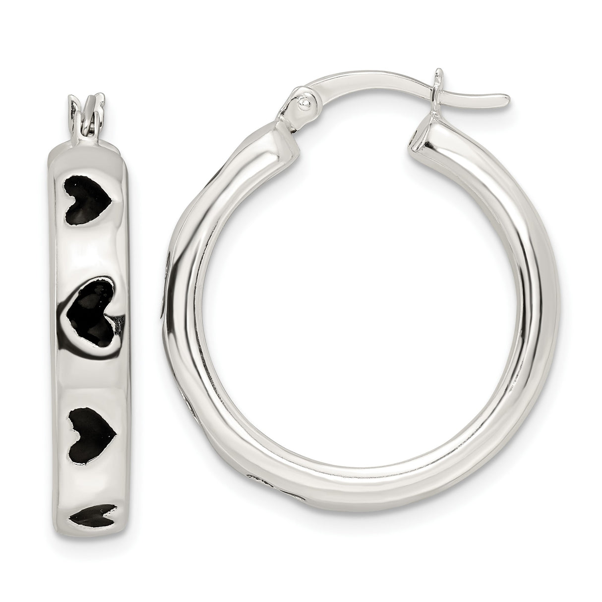 Sterling Silver Hoop Earrings with Black Enamel Heart Cutout Accents