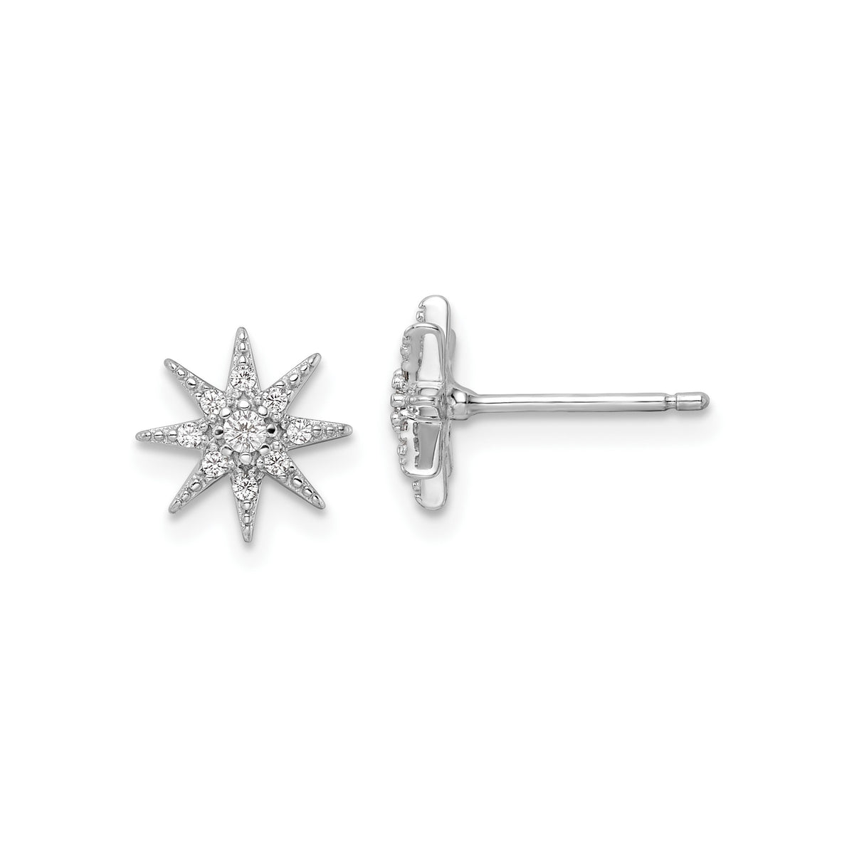 Sterling Silver Starburst Stud Earrings with Cubic Zirconia, Celestial Eight-Point Design