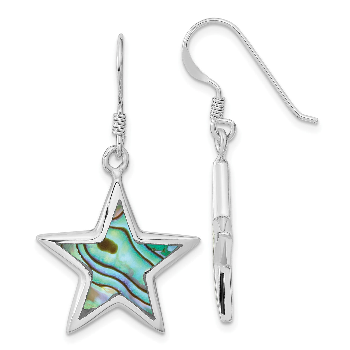 Sterling Silver Star Dangle Earrings with Abalone Shell Inlay, Boho Celestial Design for Women