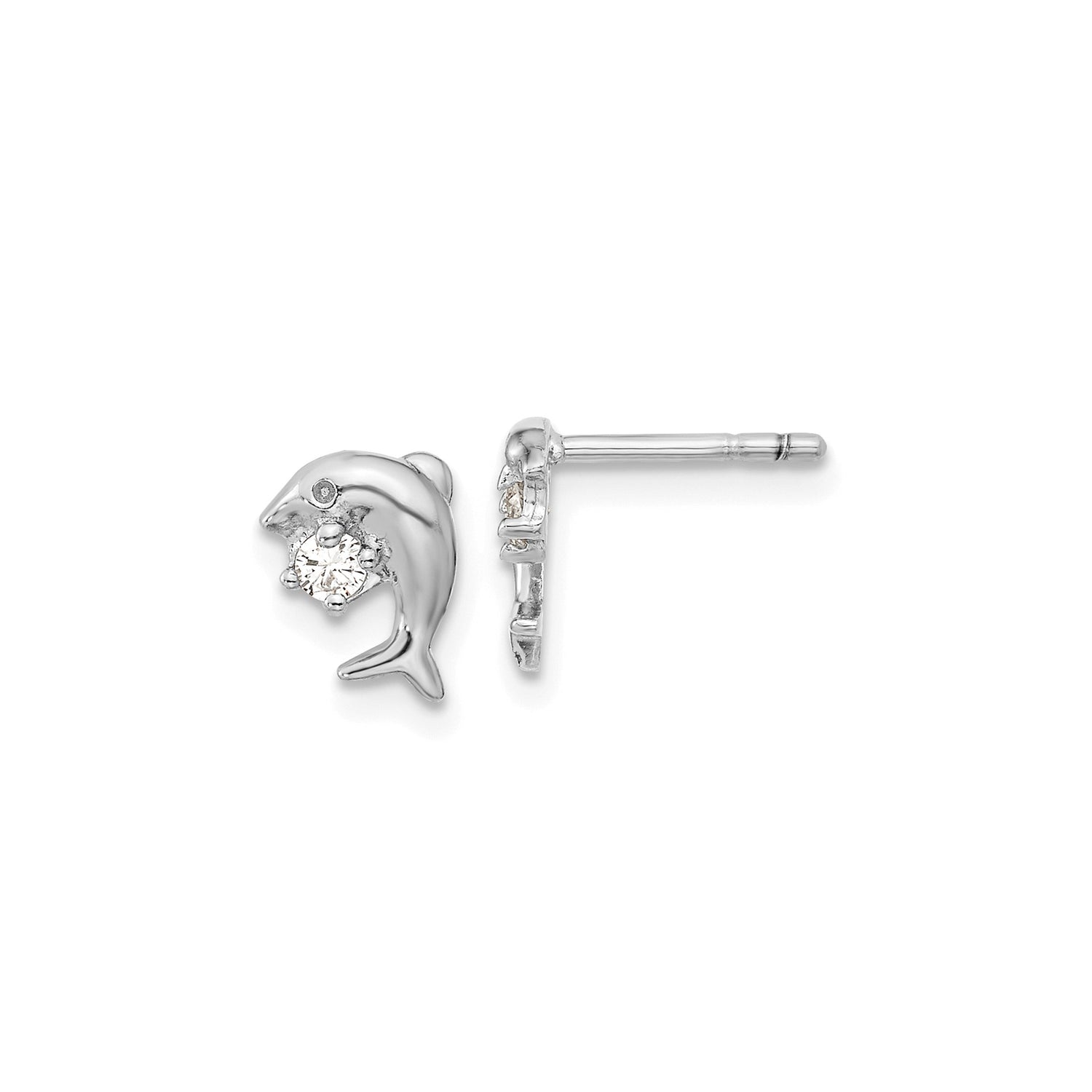 Sterling Silver Dolphin Stud Earrings with Cubic Zirconia, Ocean Animal Theme for Women