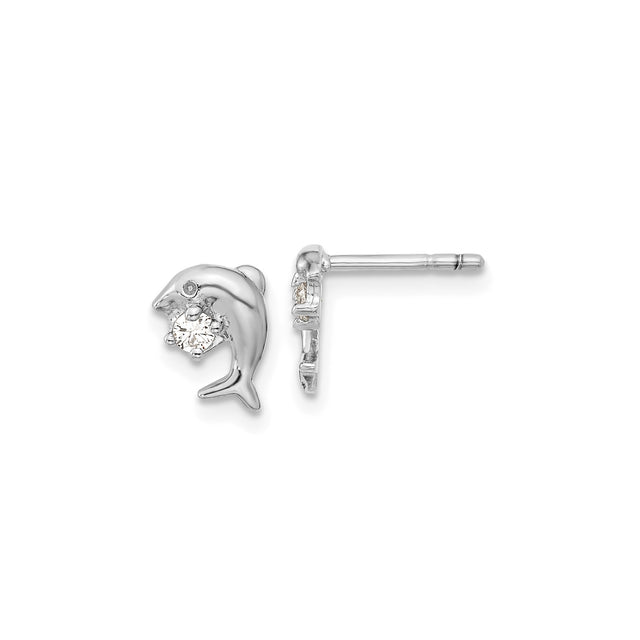 Sterling Silver Dolphin Stud Earrings with Cubic Zirconia, Ocean Animal Theme for Women