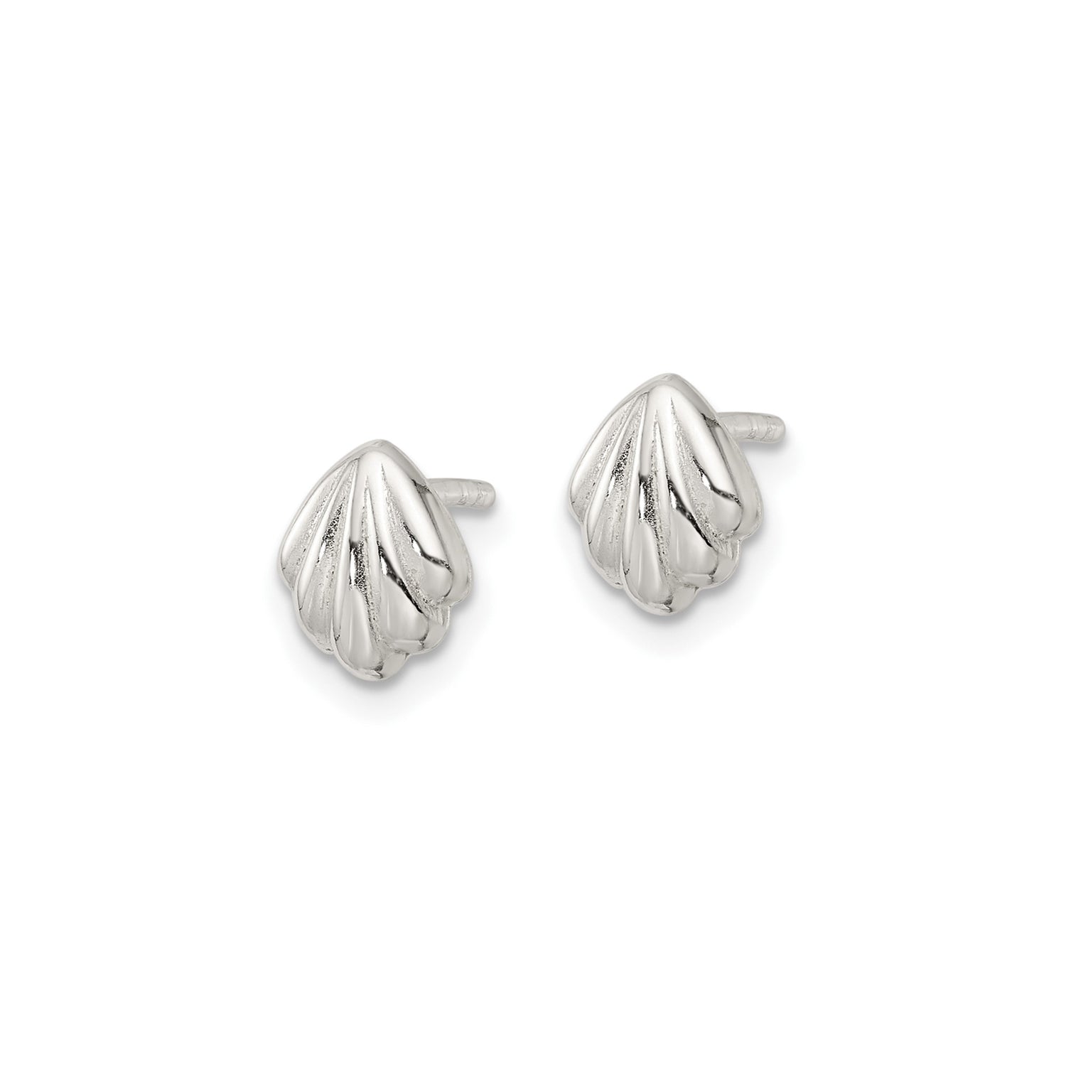 Sterling Silver Scallop Shell Stud Earrings, Polished Nautical Coastal Design for Women