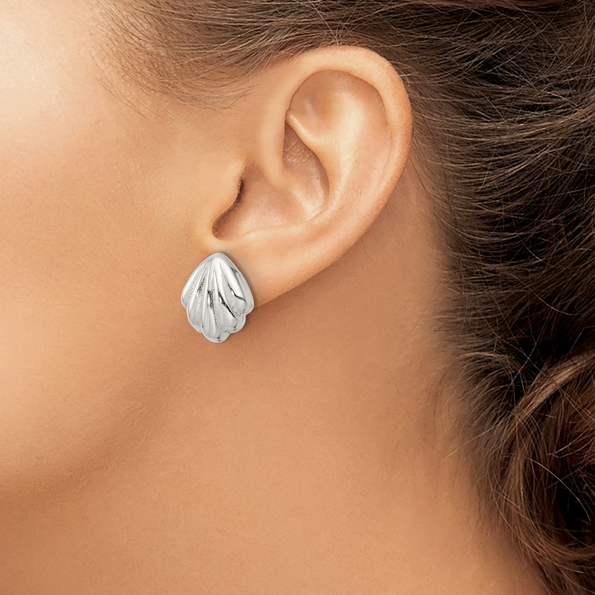 Sterling Silver Scallop Shell Stud Earrings, Polished Nautical Coastal Design for Women