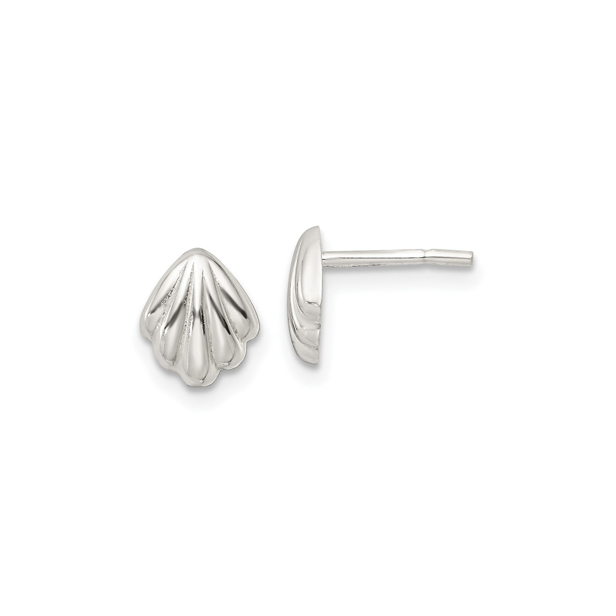 Sterling Silver Scallop Shell Stud Earrings, Polished Nautical Coastal Design for Women