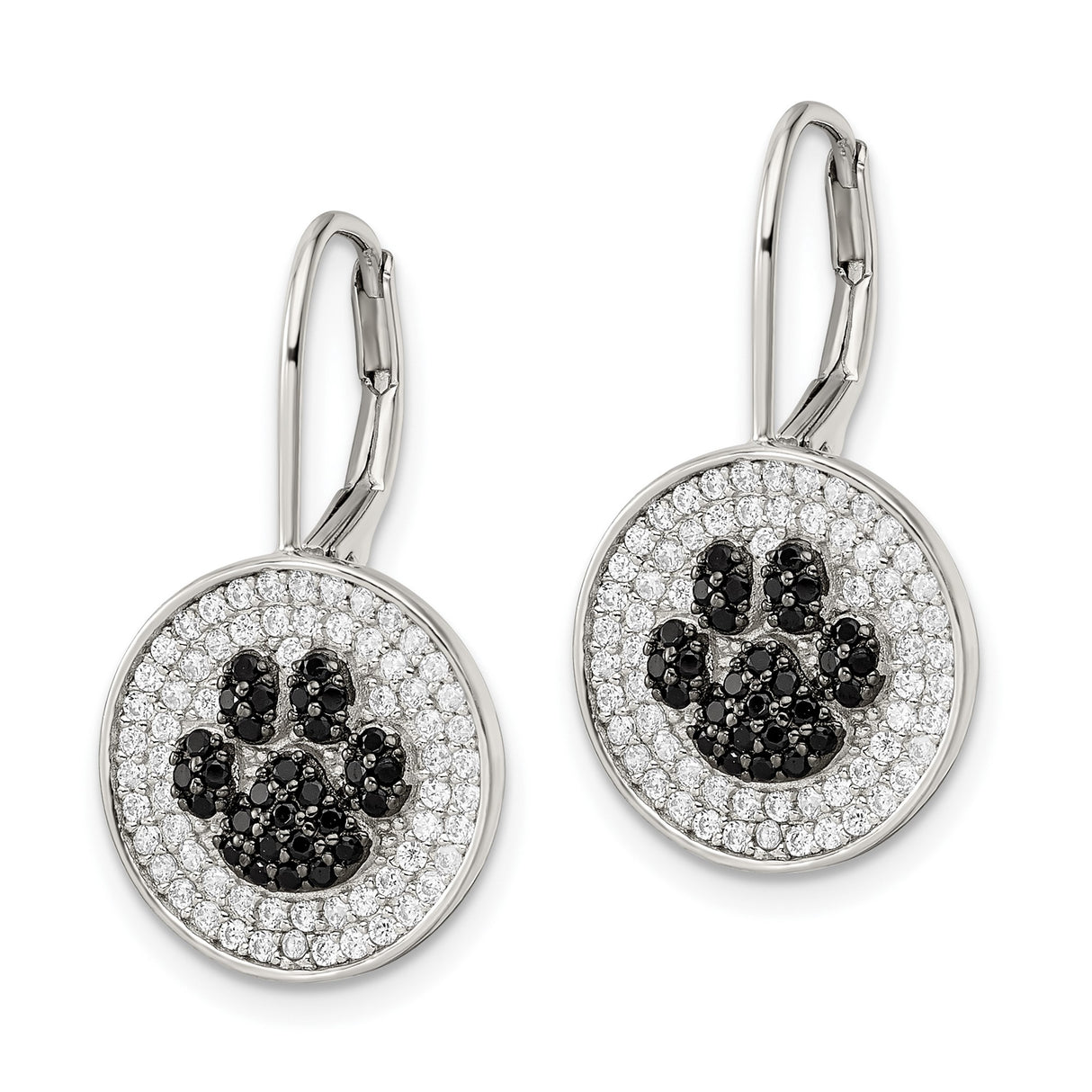 Sterling Silver Drop Earrings with Black Pavé Paw Print and Cubic Zirconia Leverback Design