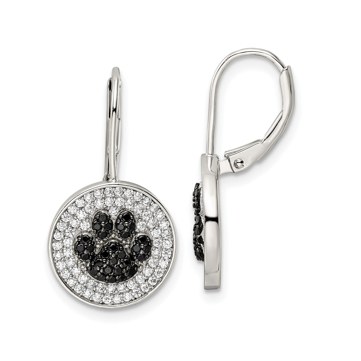 Sterling Silver Drop Earrings with Black Pavé Paw Print and Cubic Zirconia Leverback Design
