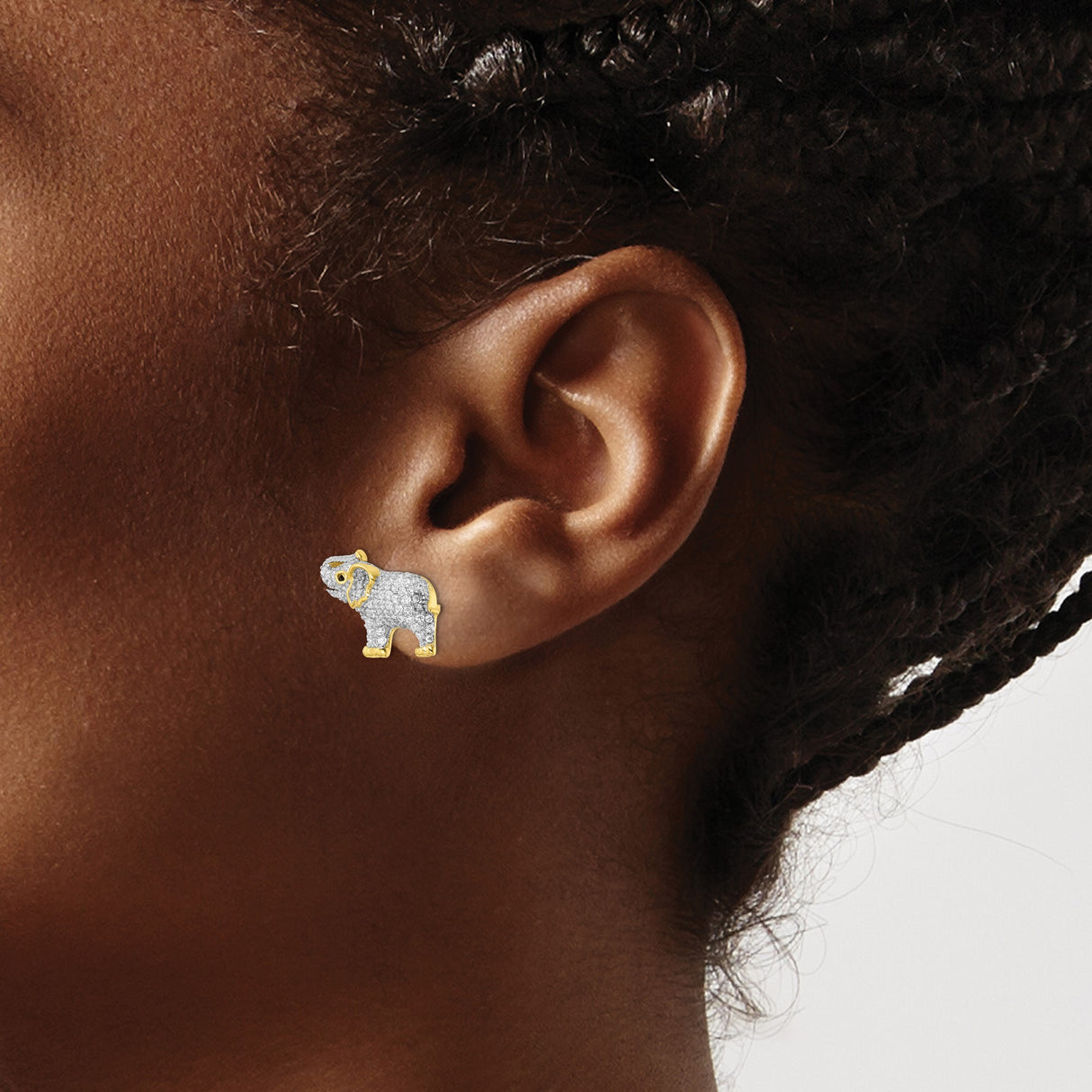 Sterling Silver Elephant Stud Earrings with Cubic Zirconia and Gold-Plated Accents