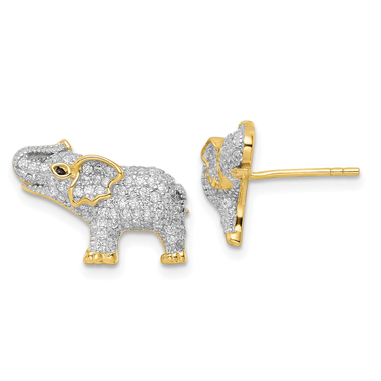 Sterling Silver Elephant Stud Earrings with Cubic Zirconia and Gold-Plated Accents