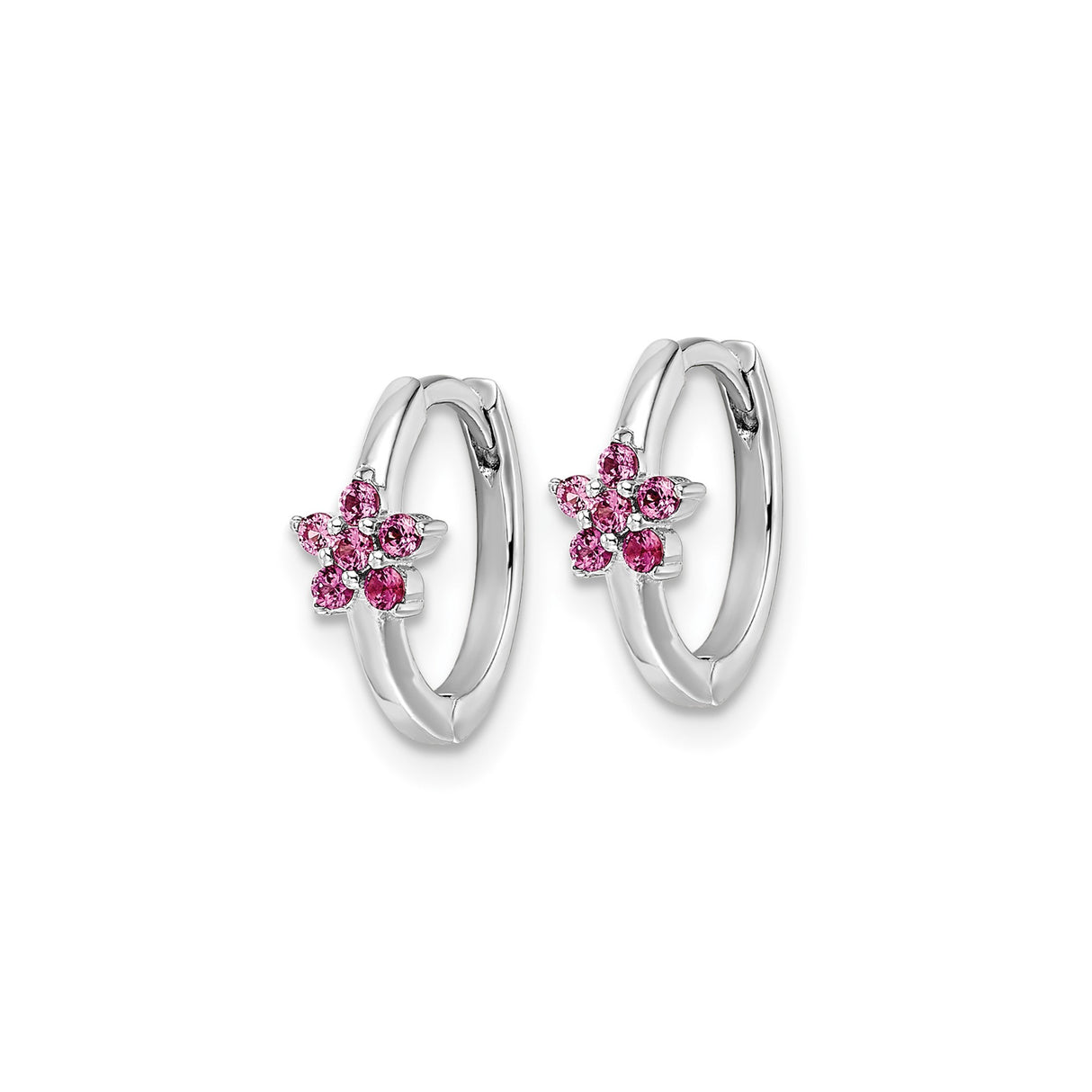 Sterling Silver Hoop Earrings with Pink Cubic Zirconia Flower Design, Dainty Floral Style