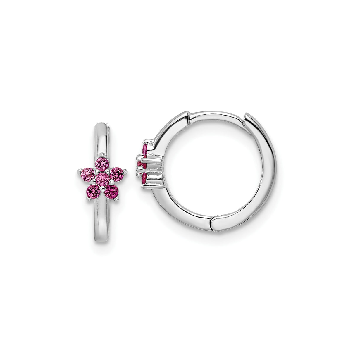 Sterling Silver Hoop Earrings with Pink Cubic Zirconia Flower Design, Dainty Floral Style