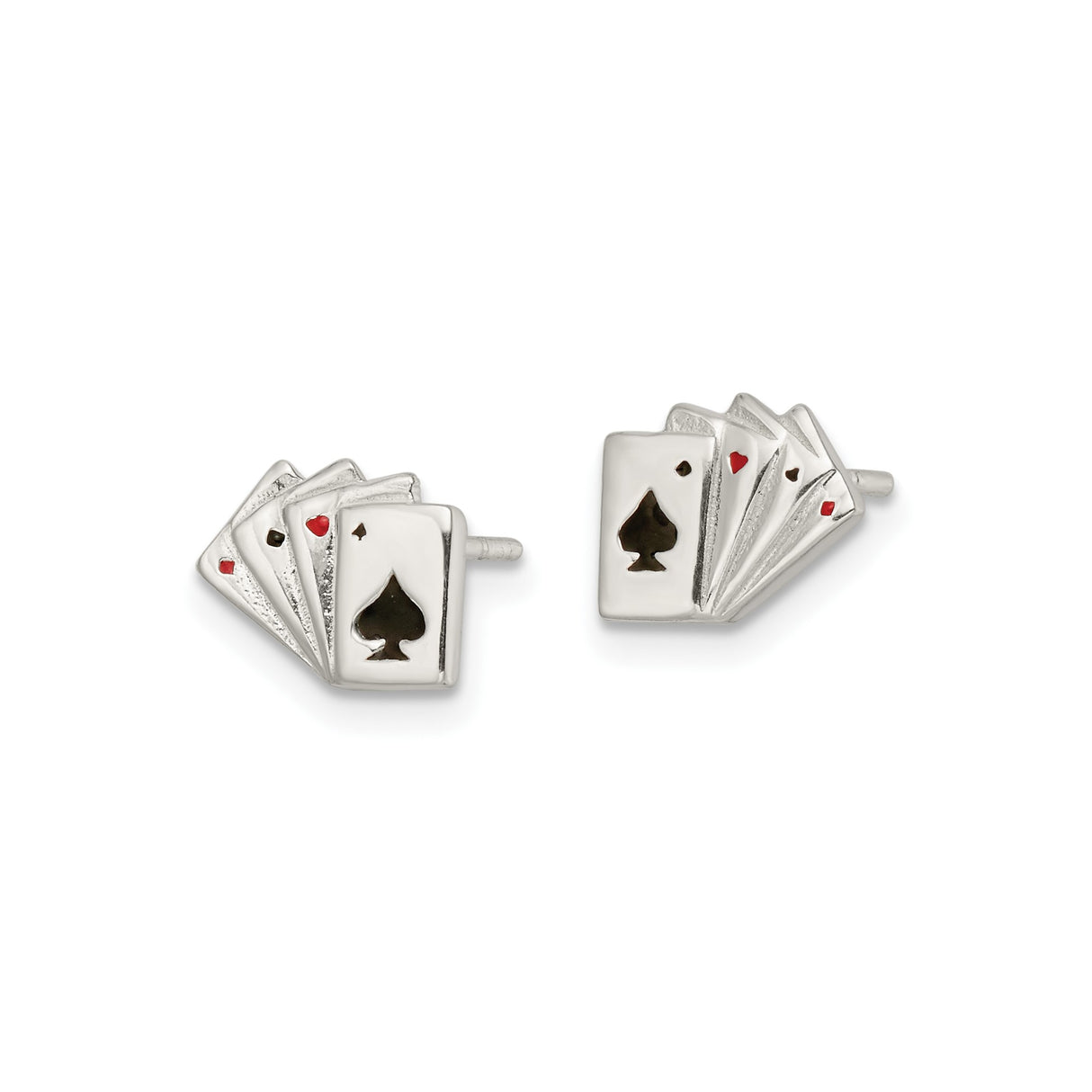 Sterling Silver Stud Earrings with Four Card Fan and Ace of Spades Motif