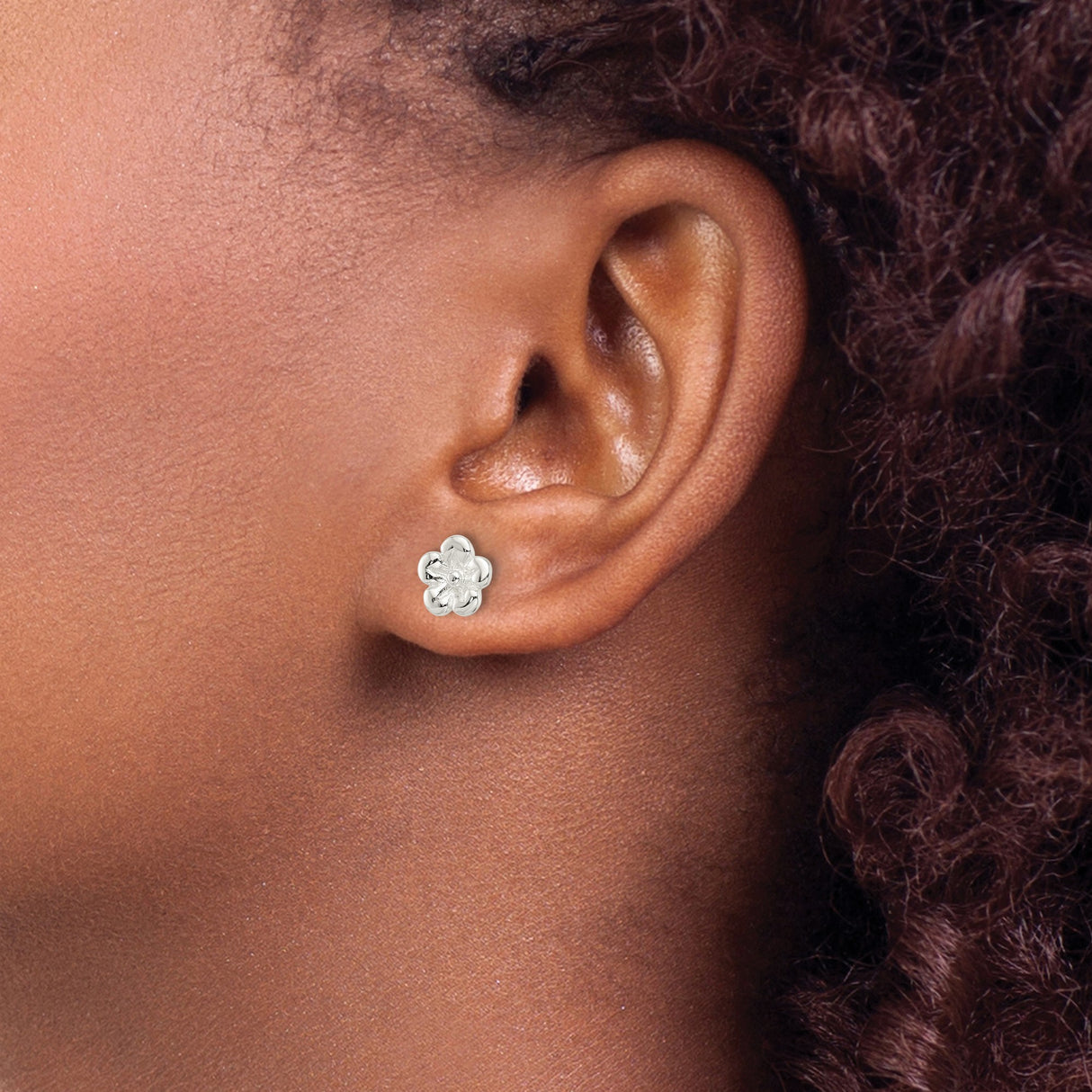 Sterling Silver Flower Stud Earrings with Five Petal Design and Textured Center