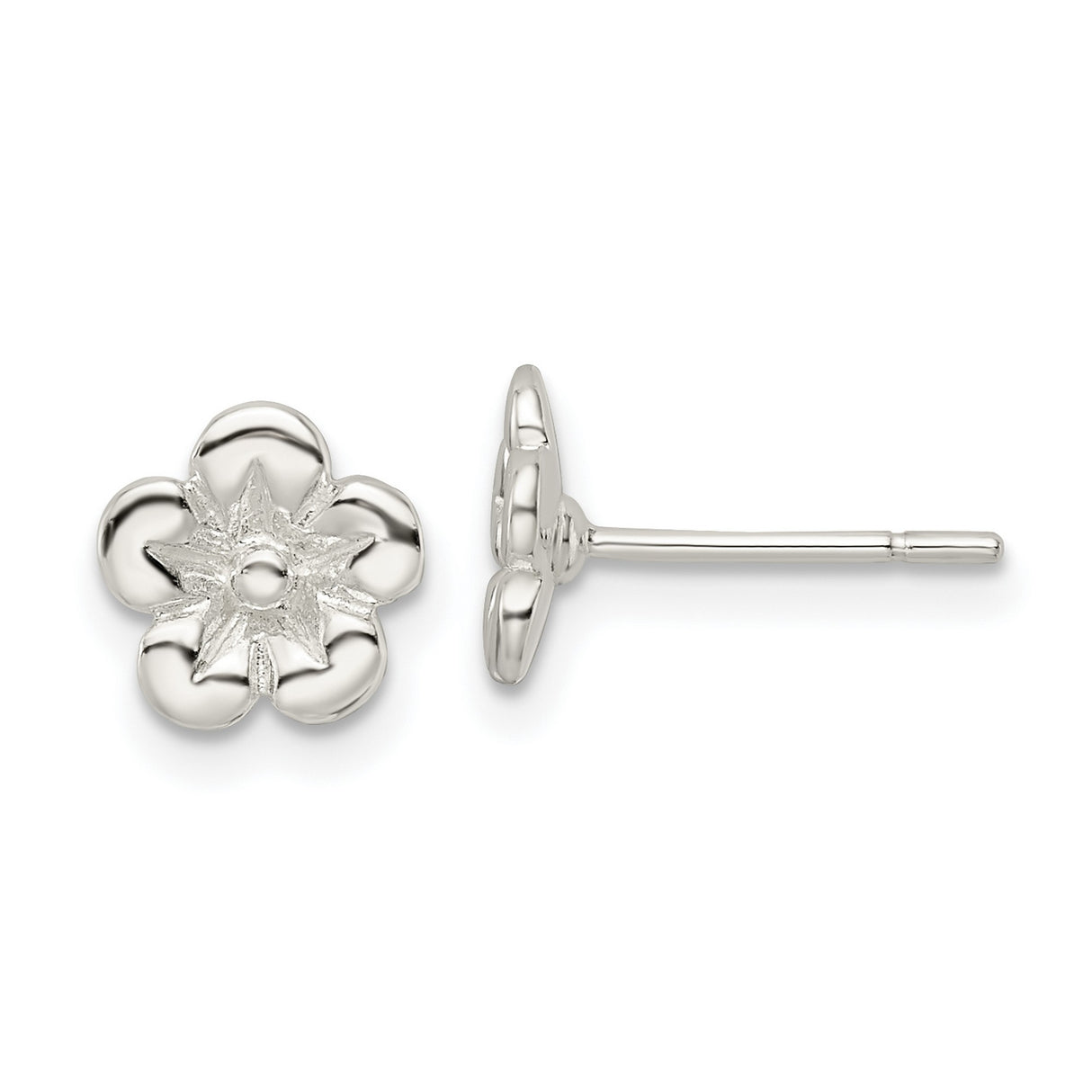 Sterling Silver Flower Stud Earrings with Five Petal Design and Textured Center