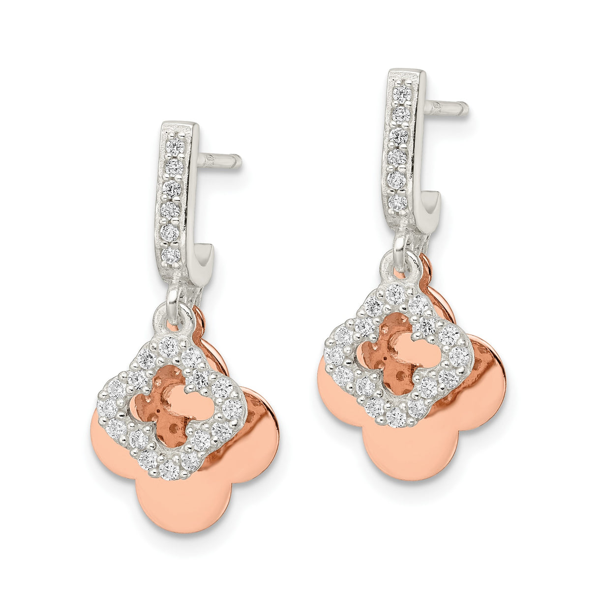 Sterling Silver Dangle Earrings with Pavé Cubic Zirconia, Cross and Clover Design, Christian Jewelry