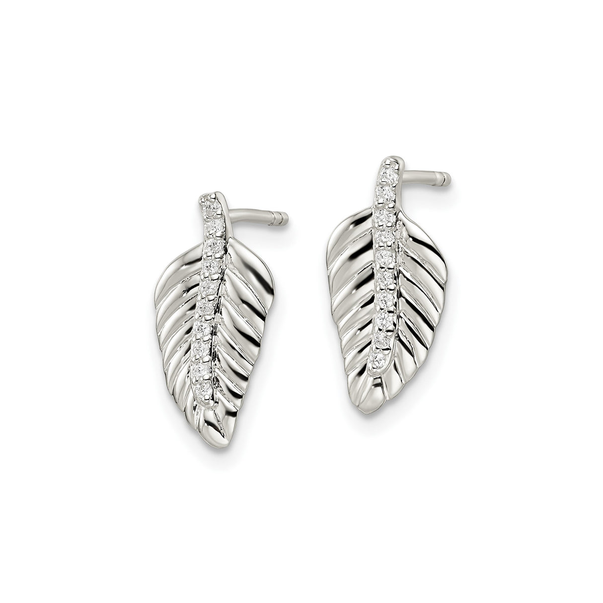 Sterling Silver Stud Earrings with Cubic Zirconia, Leaf Feather Design, Boho Minimalist Style