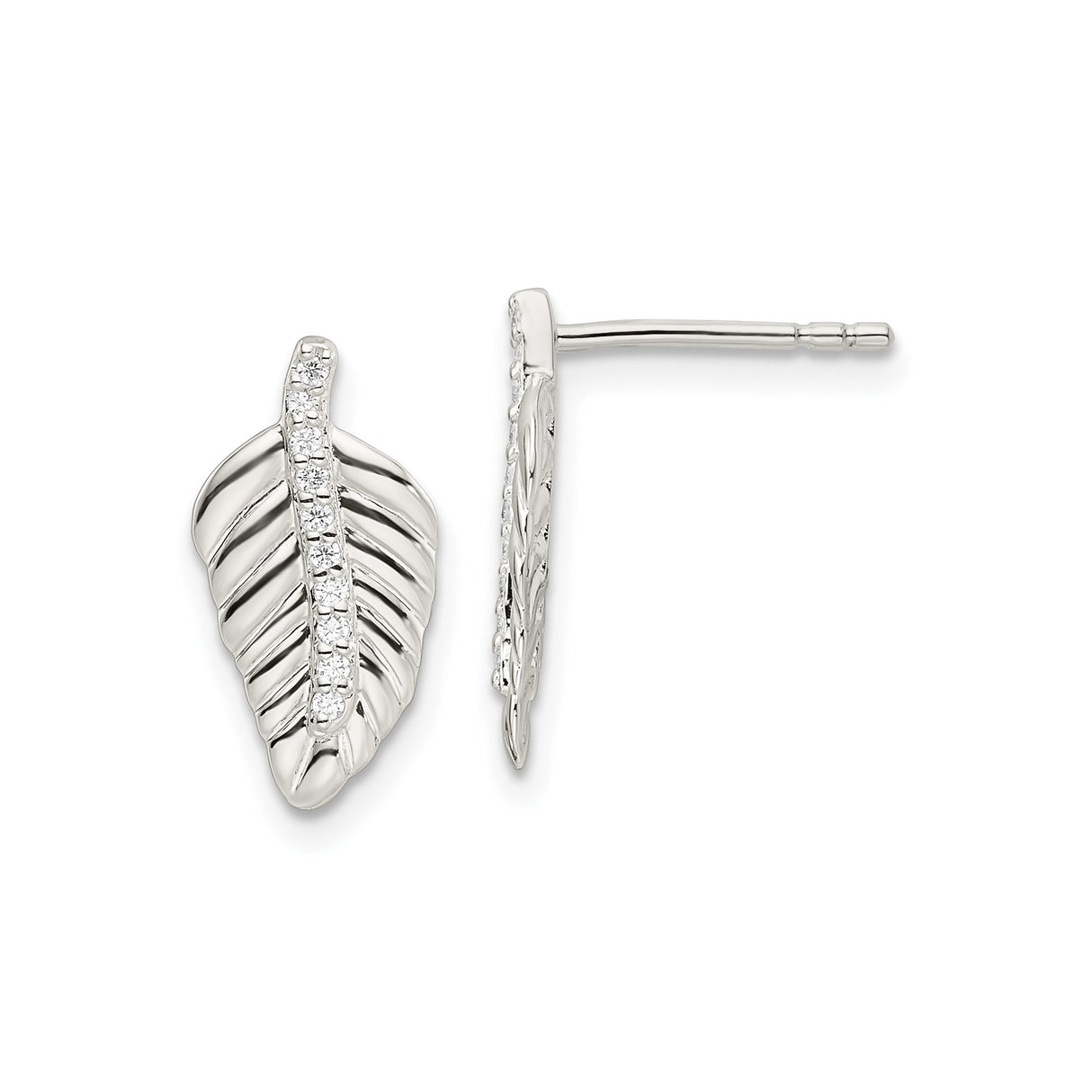 Sterling Silver Stud Earrings with Cubic Zirconia, Leaf Feather Design, Boho Minimalist Style