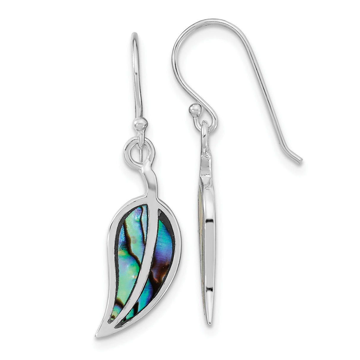 Sterling Silver Drop Earrings with Abalone Inlay, Leaf Shaped Boho Artisan Design