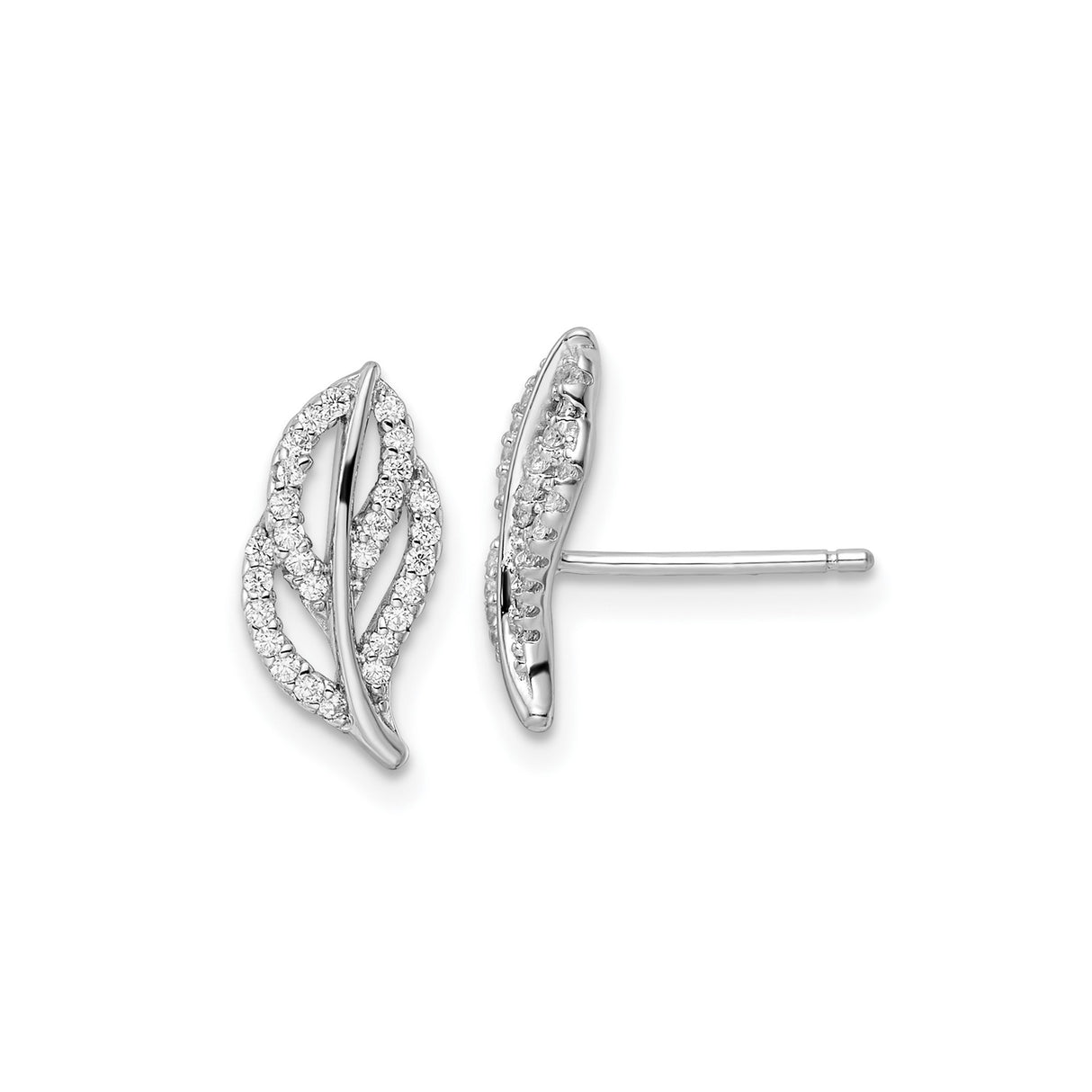 Sterling Silver Leaf Stud Earrings with Cubic Zirconia, Botanical Openwork Design for Women