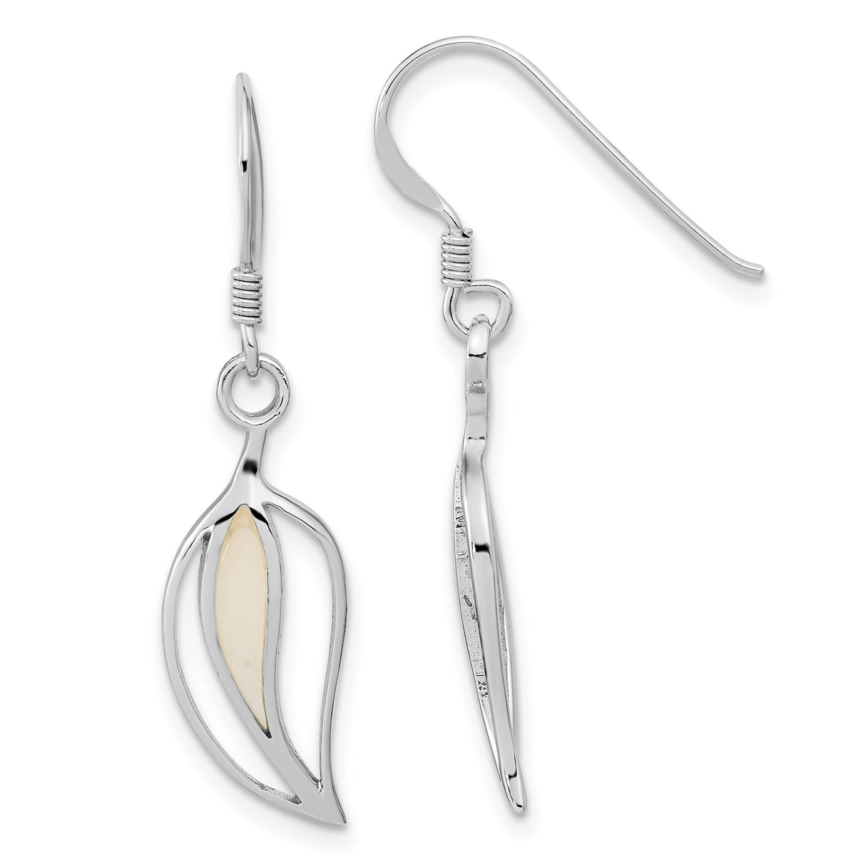 Sterling Silver Dangle Earrings with Mother of Pearl, Open Leaf Design, Minimalist Botanical Style