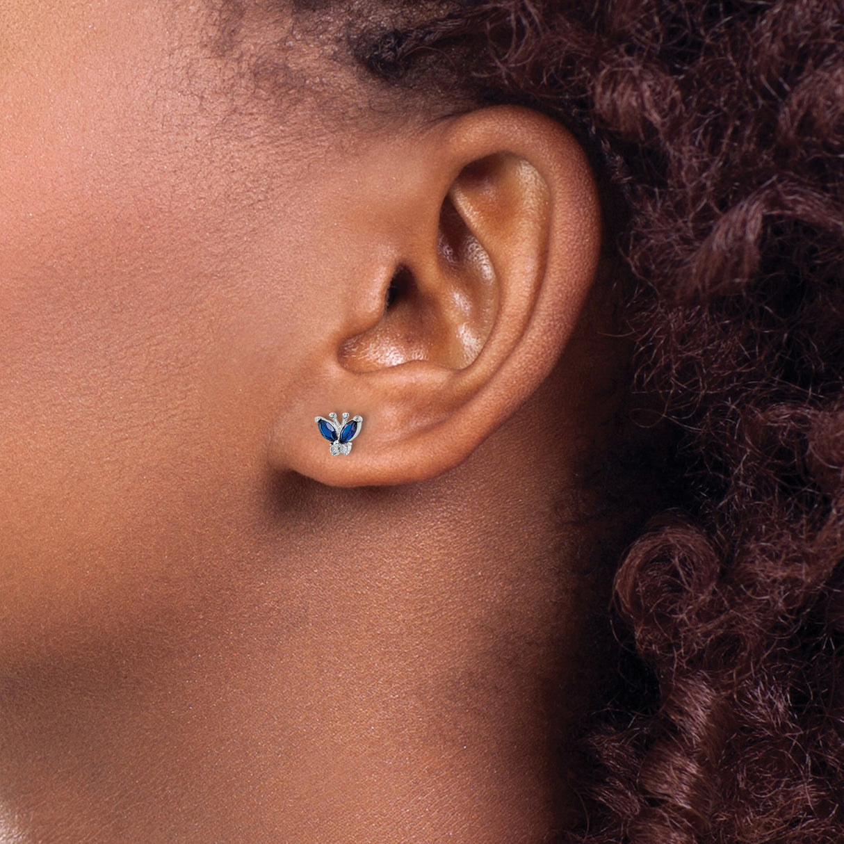 Sterling Silver Butterfly Stud Earrings with Marquise Cut Blue Cubic Zirconia and White Accents