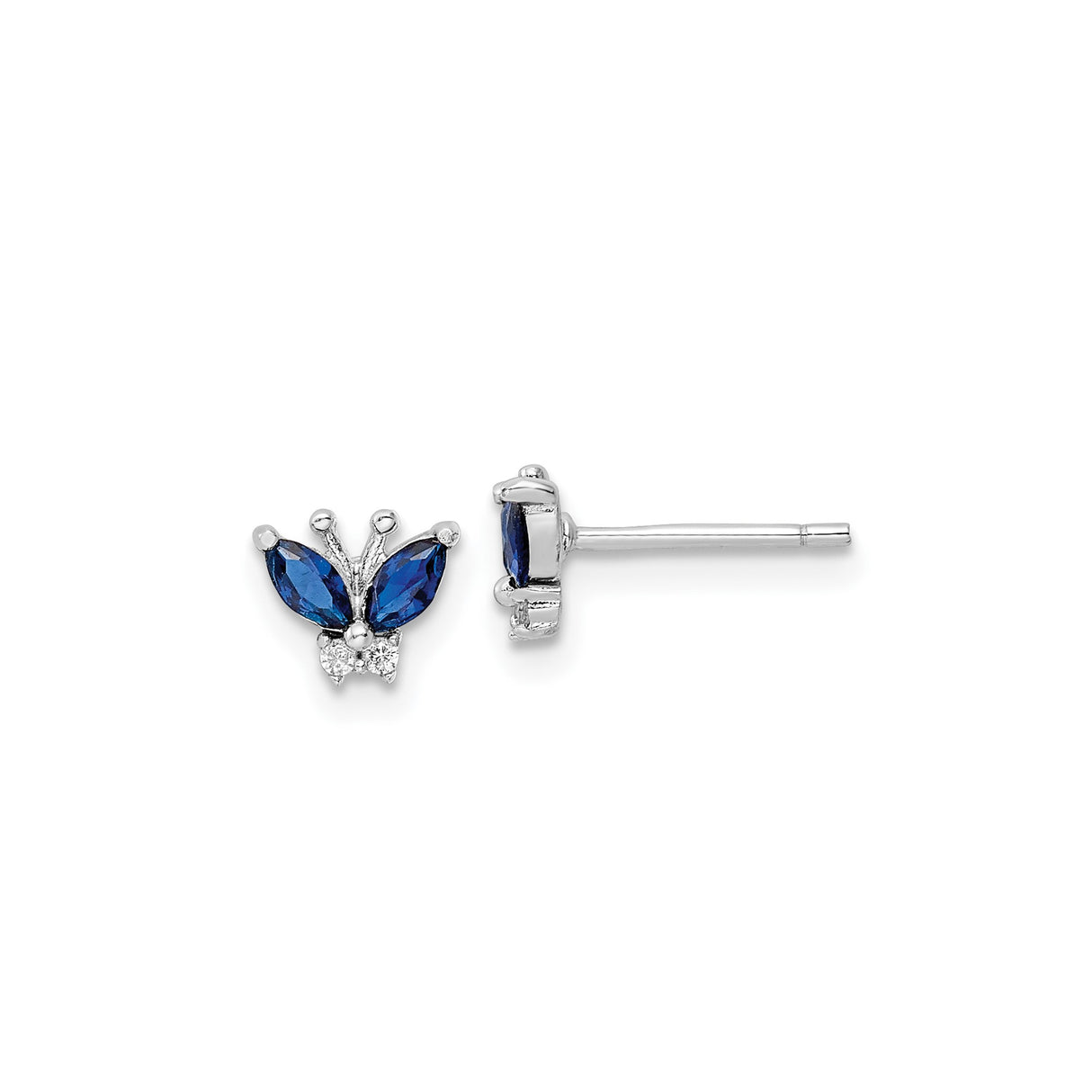 Sterling Silver Butterfly Stud Earrings with Marquise Cut Blue Cubic Zirconia and White Accents