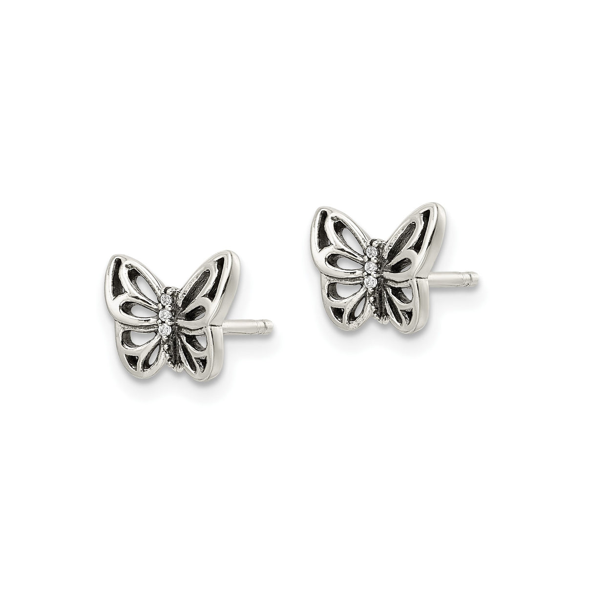 Sterling Silver Butterfly Stud Earrings with Cubic Zirconia and Openwork Wing Design