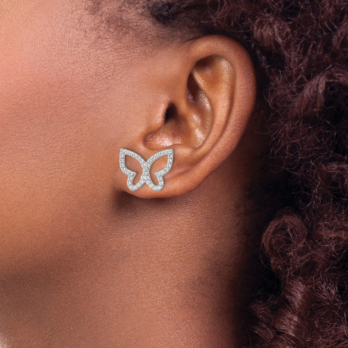 Sterling Silver Butterfly Stud Earrings with Cubic Zirconia and Openwork Design for Women