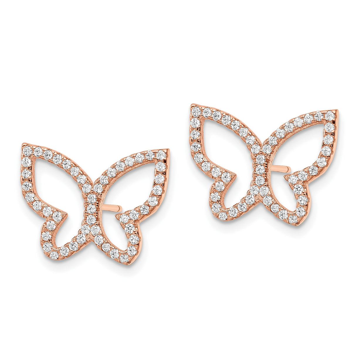 Sterling Silver Butterfly Stud Earrings with Cubic Zirconia, Rose Gold Finish, Open Wing Design