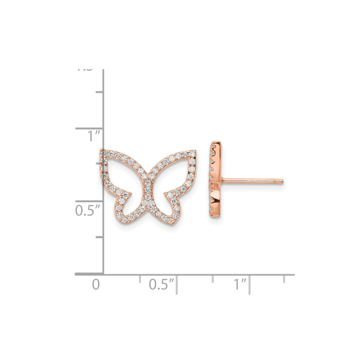 Sterling Silver Butterfly Stud Earrings with Cubic Zirconia, Rose Gold Finish, Open Wing Design
