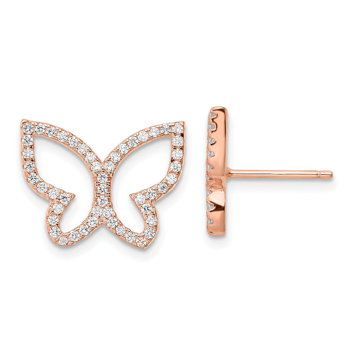 Sterling Silver Butterfly Stud Earrings with Cubic Zirconia, Rose Gold Finish, Open Wing Design