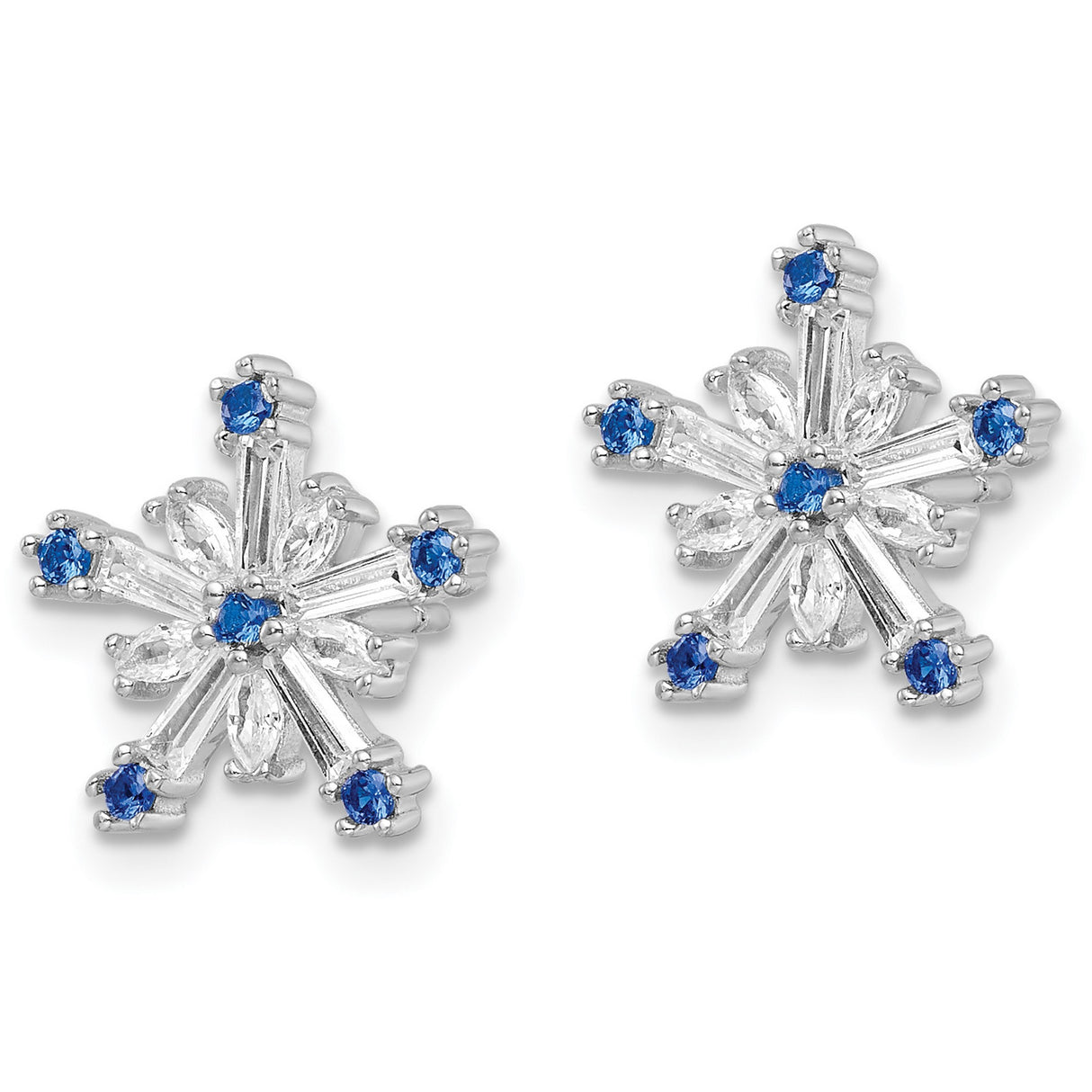 Sterling Silver Snowflake Stud Earrings with Blue and Clear Cubic Zirconia, Winter-Inspired Design