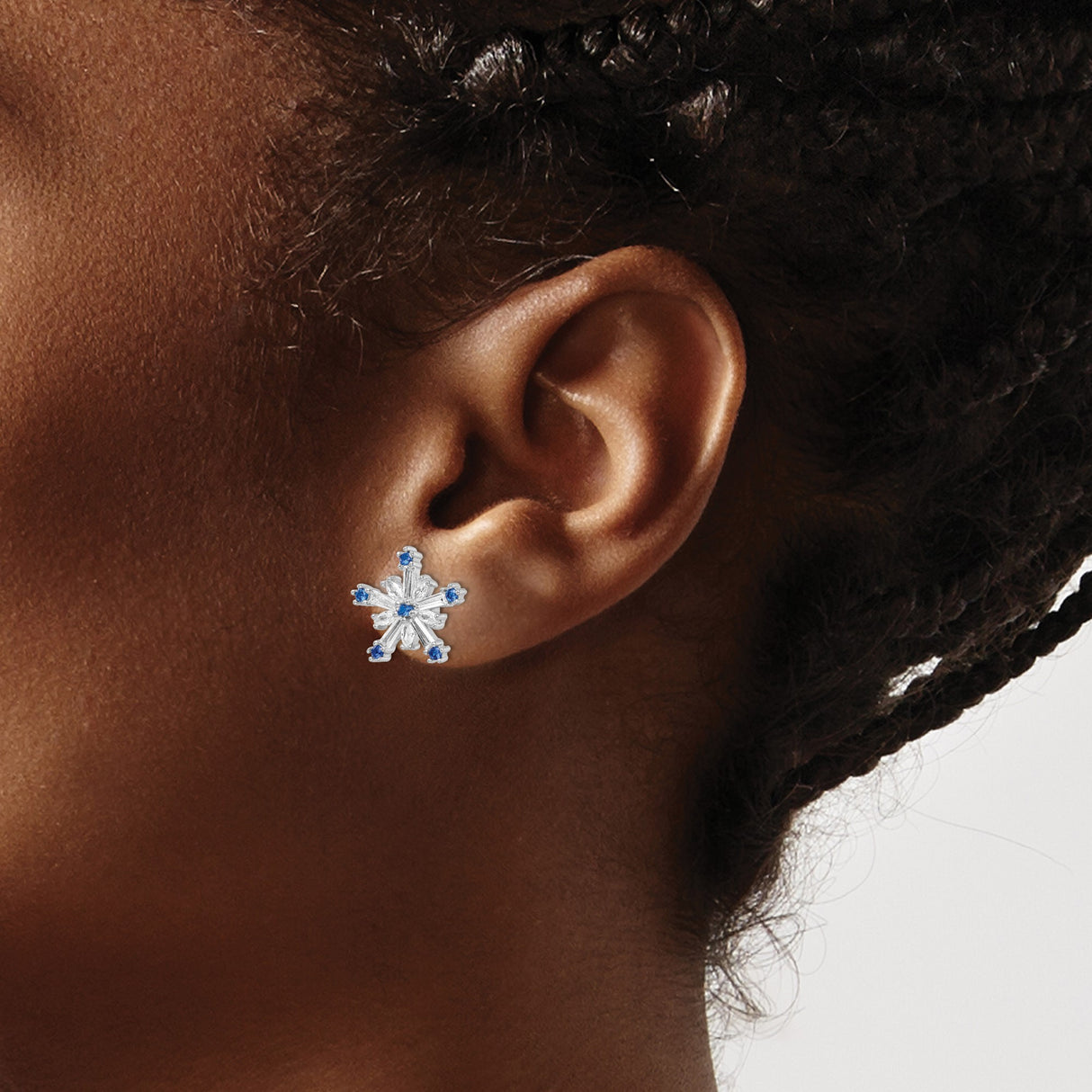 Sterling Silver Snowflake Stud Earrings with Blue and Clear Cubic Zirconia, Winter-Inspired Design
