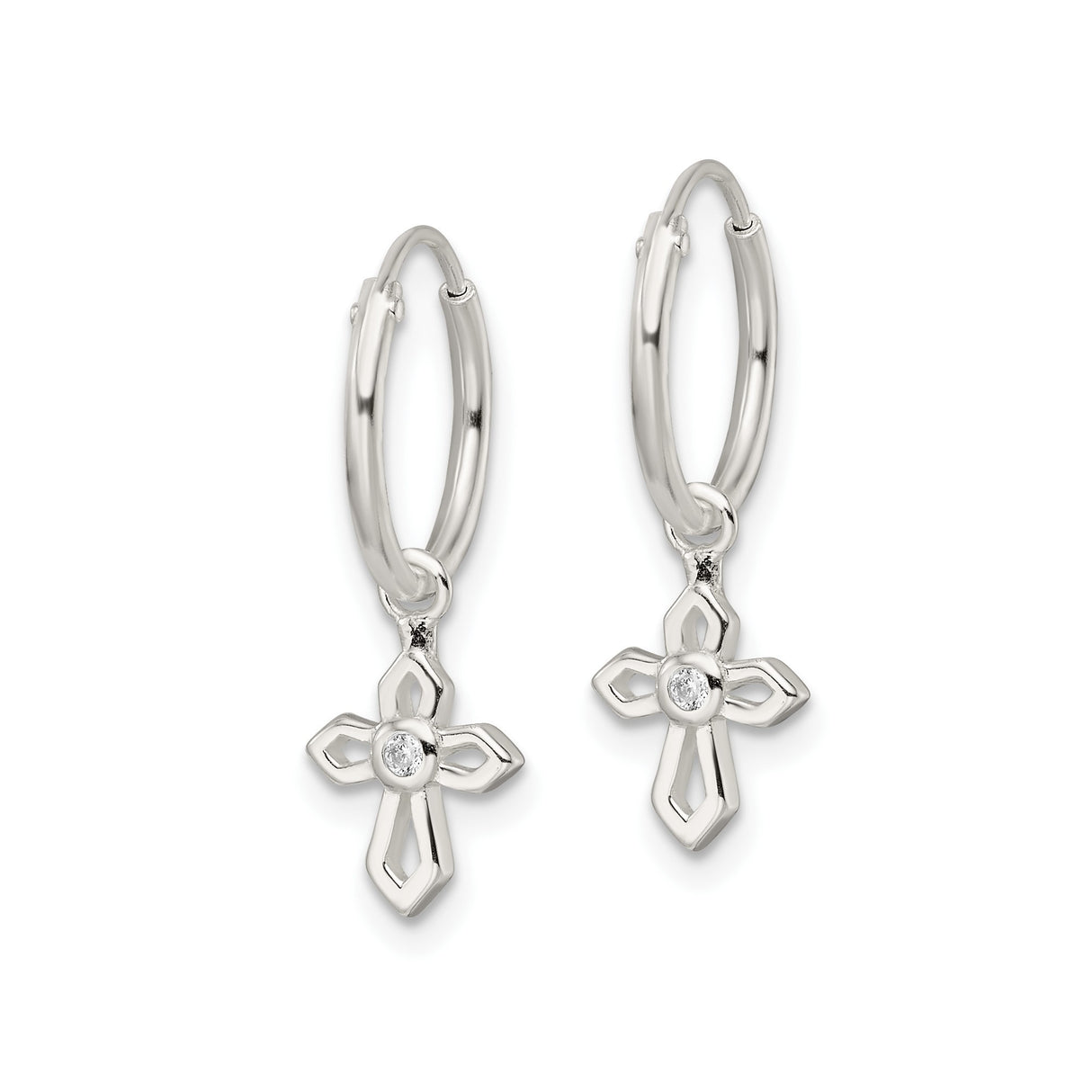 Sterling Silver Cross Pendant with Cubic Zirconia Center, Polished Modern Religious Jewelry