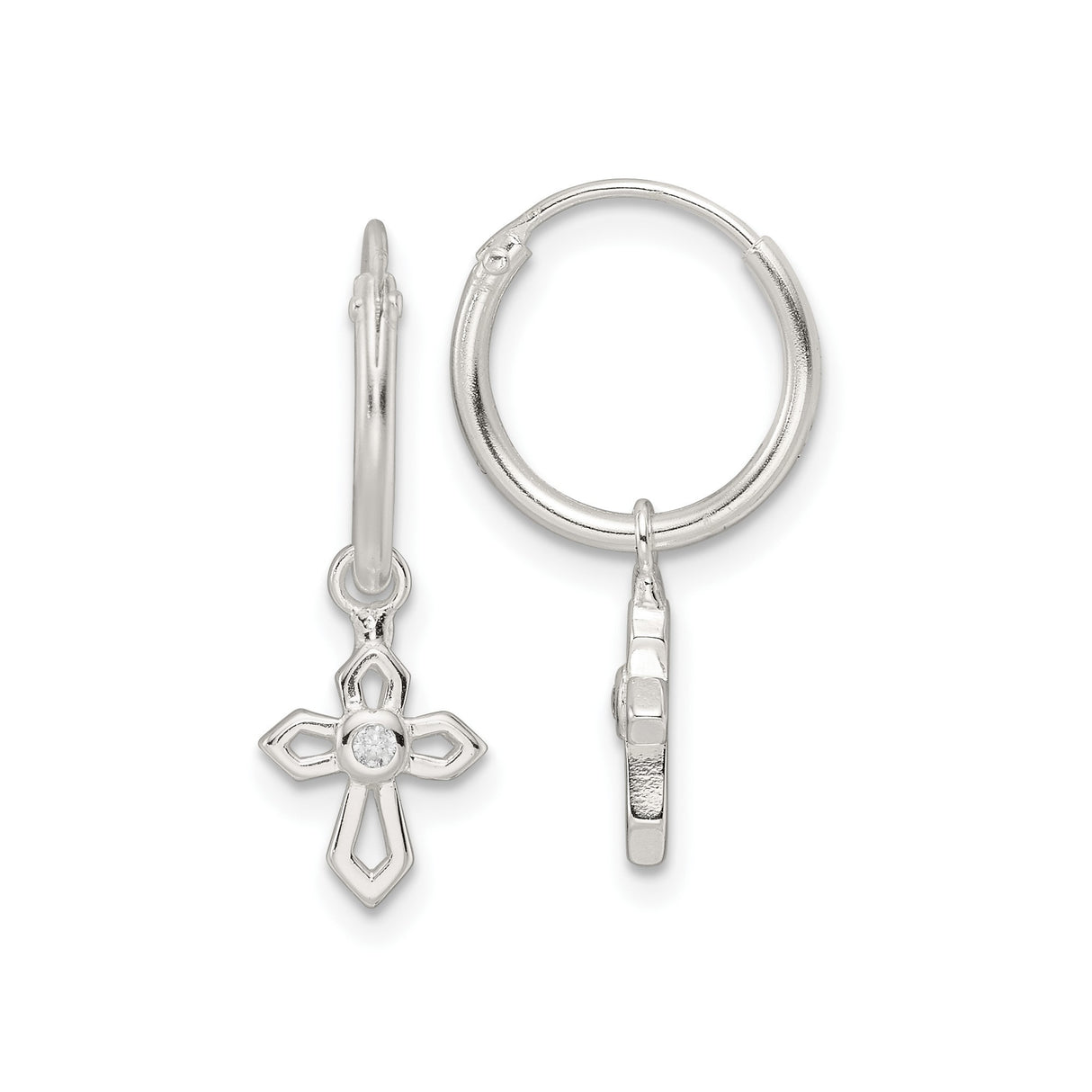 Sterling Silver Cross Pendant with Cubic Zirconia Center, Polished Modern Religious Jewelry