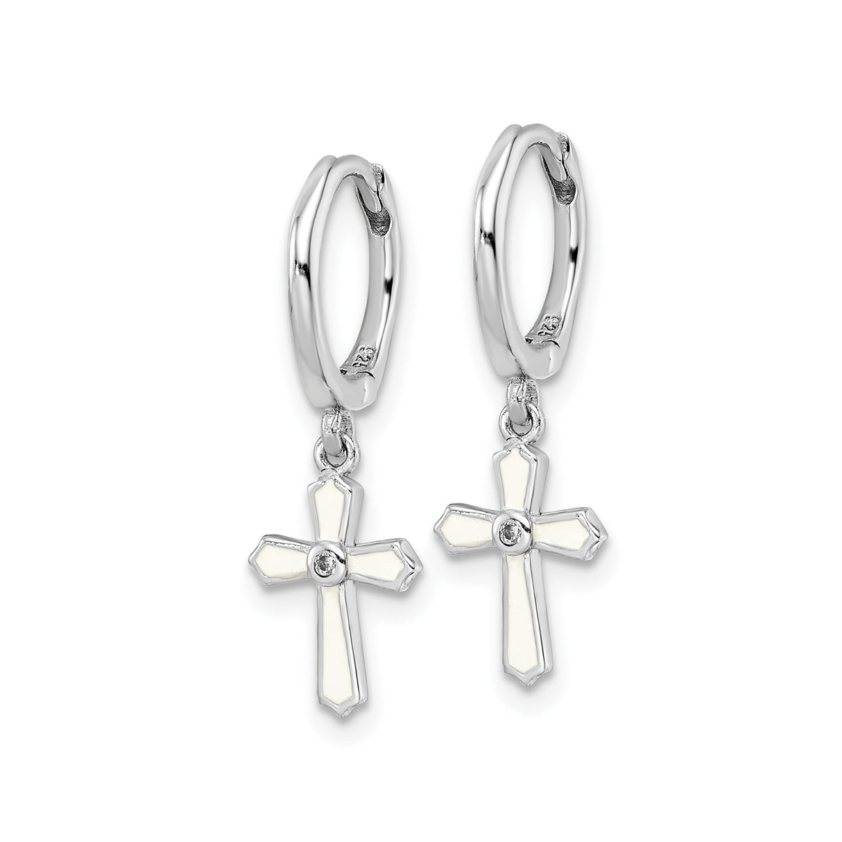 Sterling Silver Cross Pendant with Cubic Zirconia, White Enamel Inlay, and Faith Charm