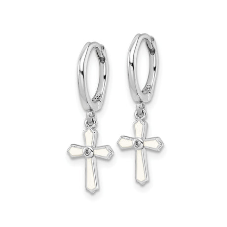 Sterling Silver Cross Pendant with Cubic Zirconia, White Enamel Inlay, and Faith Charm