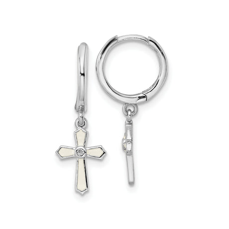 Sterling Silver Cross Pendant with Cubic Zirconia, White Enamel Inlay, and Faith Charm