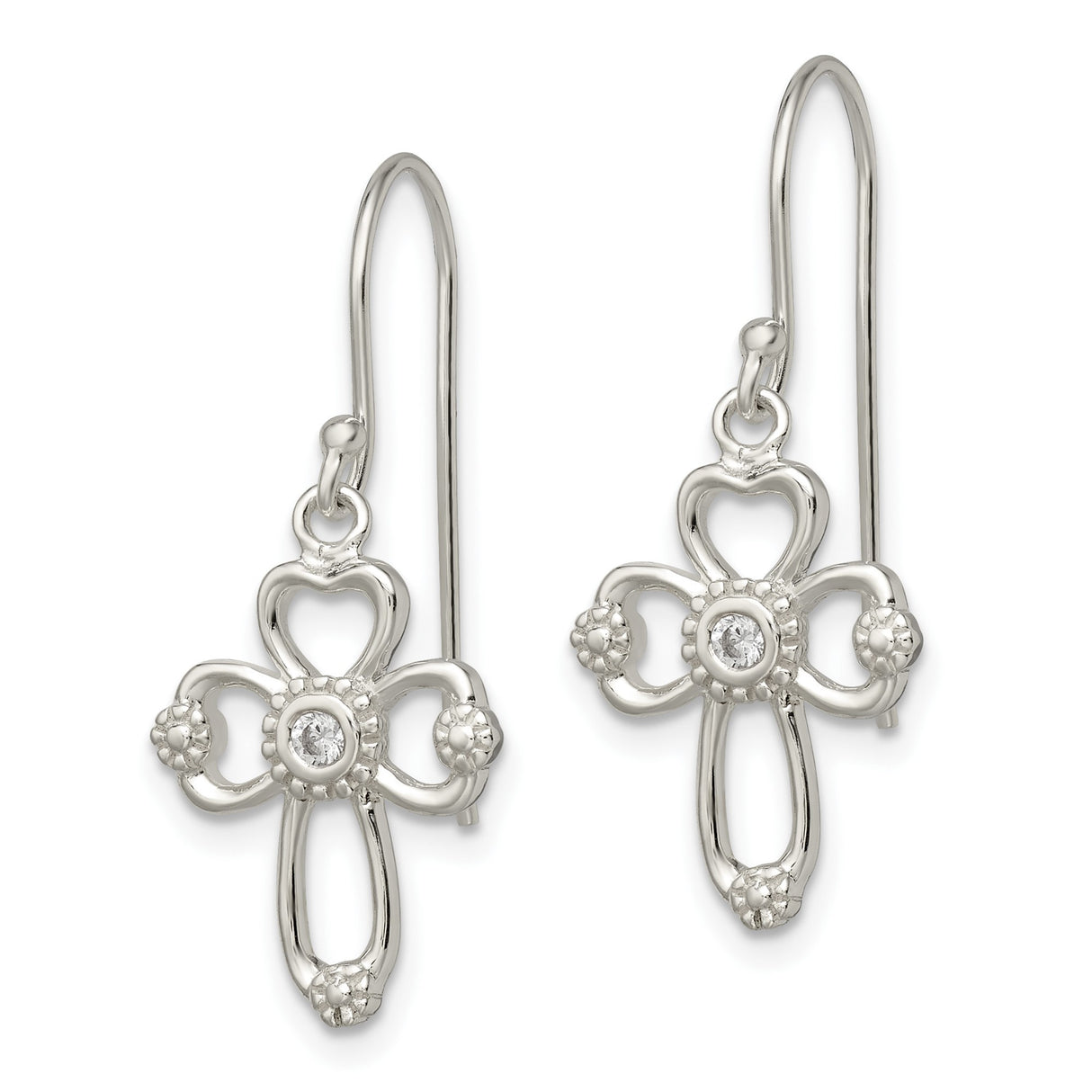 Sterling Silver Cross Dangle Earrings with Cubic Zirconia, Curved Arms and Openwork Design