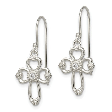 Sterling Silver Cross Dangle Earrings with Cubic Zirconia, Curved Arms and Openwork Design