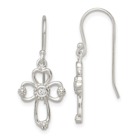 Sterling Silver Cross Dangle Earrings with Cubic Zirconia, Curved Arms and Openwork Design