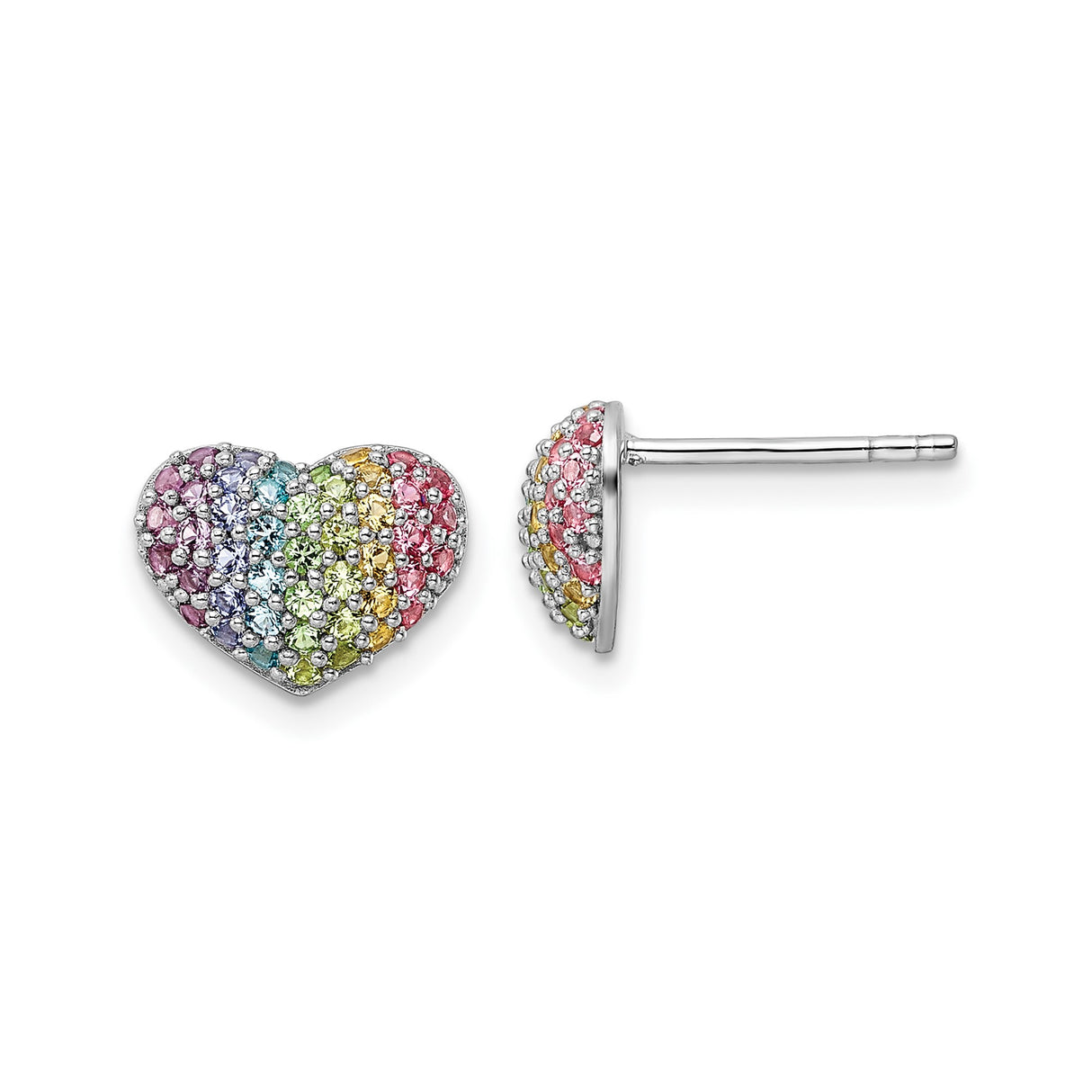 Sterling Silver Heart Stud Earrings with Rainbow Cubic Zirconia, Pride and Inclusivity Jewelry