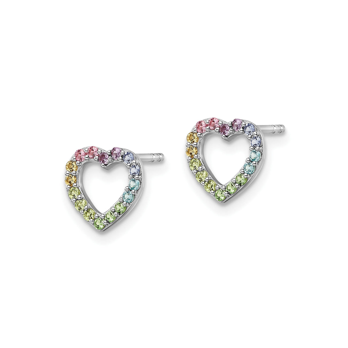 Sterling Silver Heart Stud Earrings with Multicolor Cubic Zirconia, Rainbow Pride Design