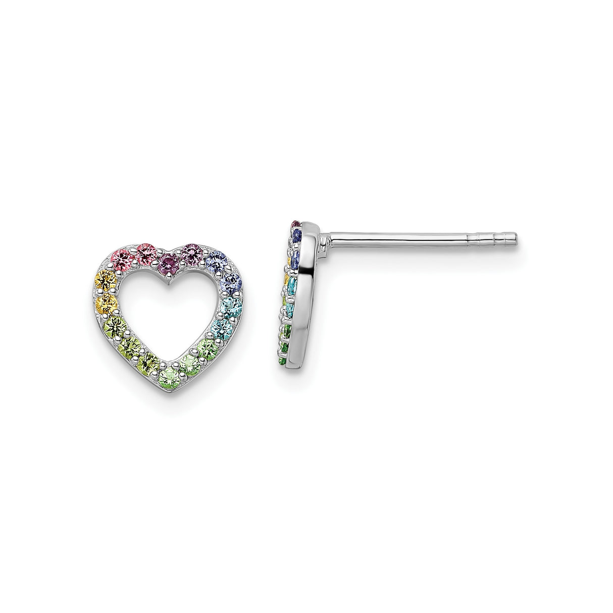 Sterling Silver Heart Stud Earrings with Multicolor Cubic Zirconia, Rainbow Pride Design