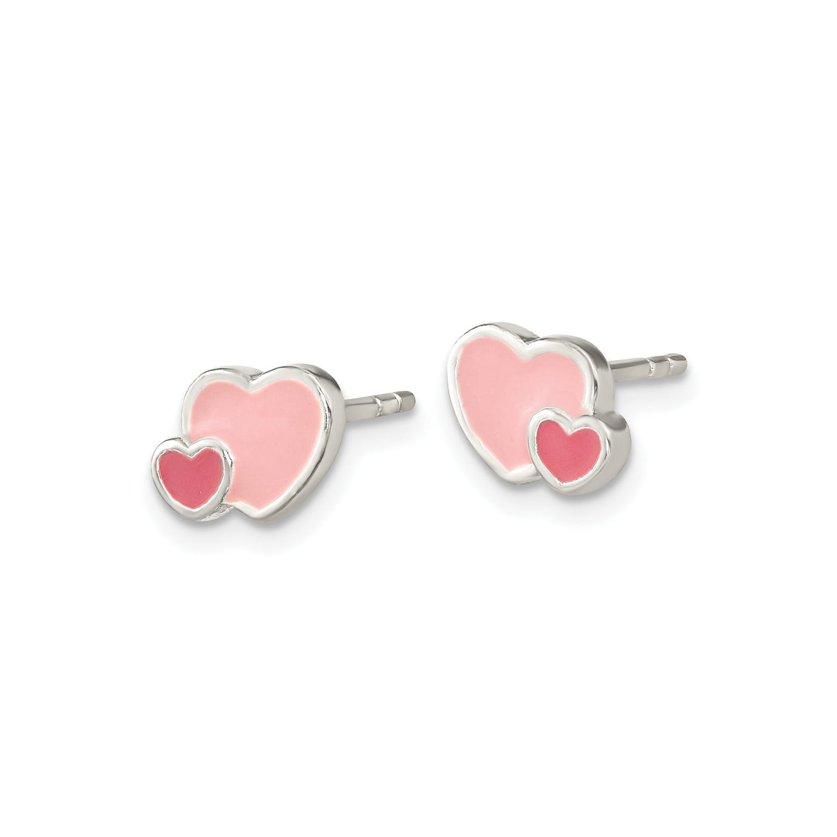 Sterling Silver Double Heart Stud Earrings with Pink Enamel Design, Romantic Style